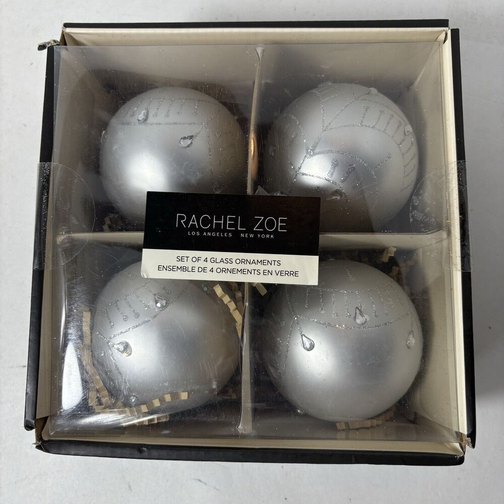 Rachel Zoe Glass Ornaments Christmas Tree Decor Silver Set of 4 F2